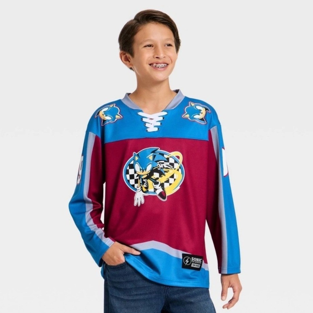Sonic the Hedgehog Kids Hockey Jersey Red Blue Lace Up Long Sleeve XL 14-16